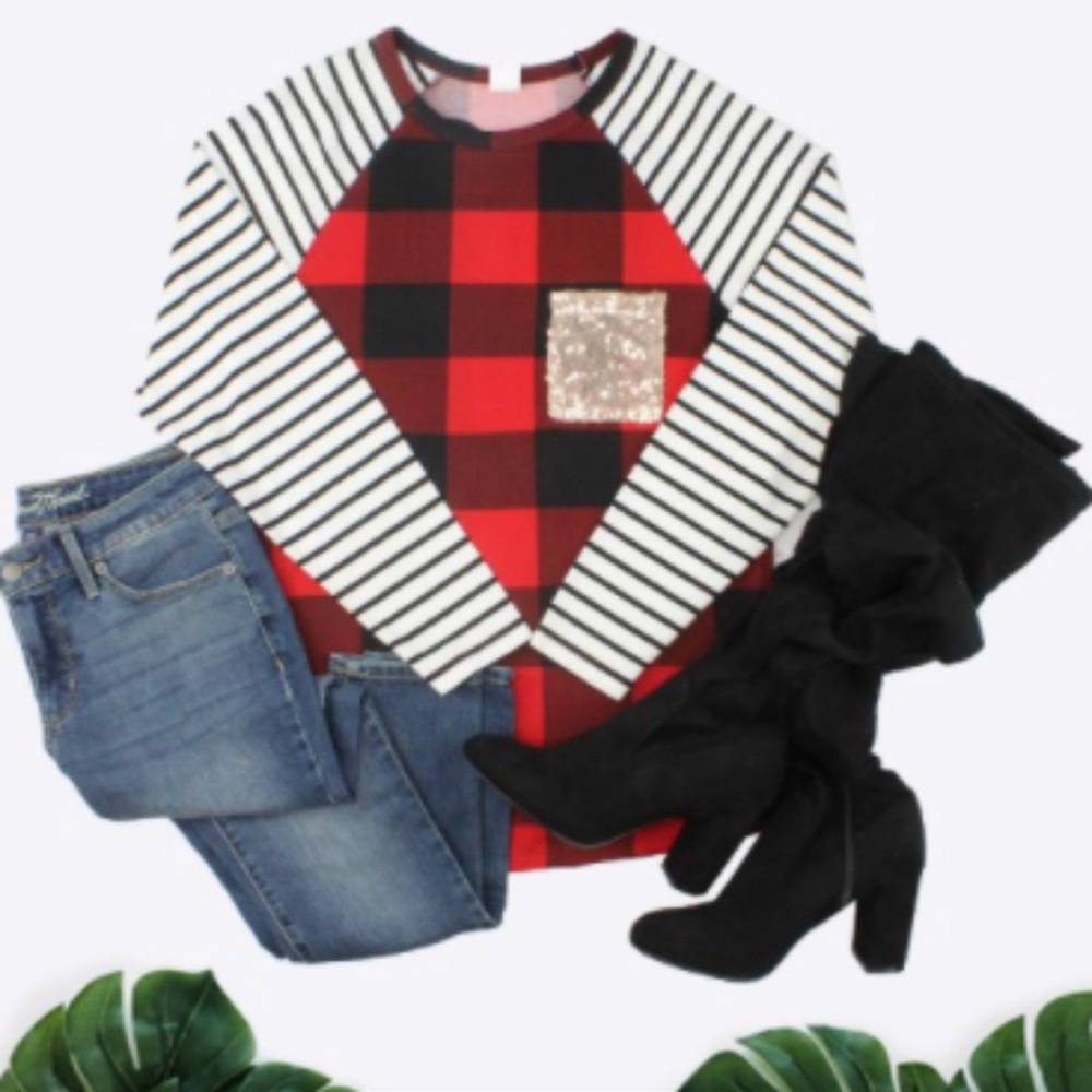Buffalo Plaid and Stripe Long Sleeve Shirt With Sequin Pocket Women’s Size 3X